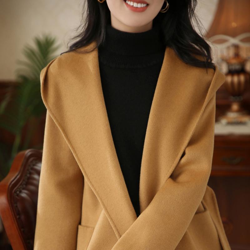 2026 Petite Women's Hooded Double-Sided Wool Coat, Autumn/Winter Mid-Length with Belt