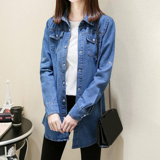 Damen Hemdmantel Revers Langarm Loose Fit Mittellanges Jeanshemd Basic Pendlerstil Oberbekleidung mit Taschen