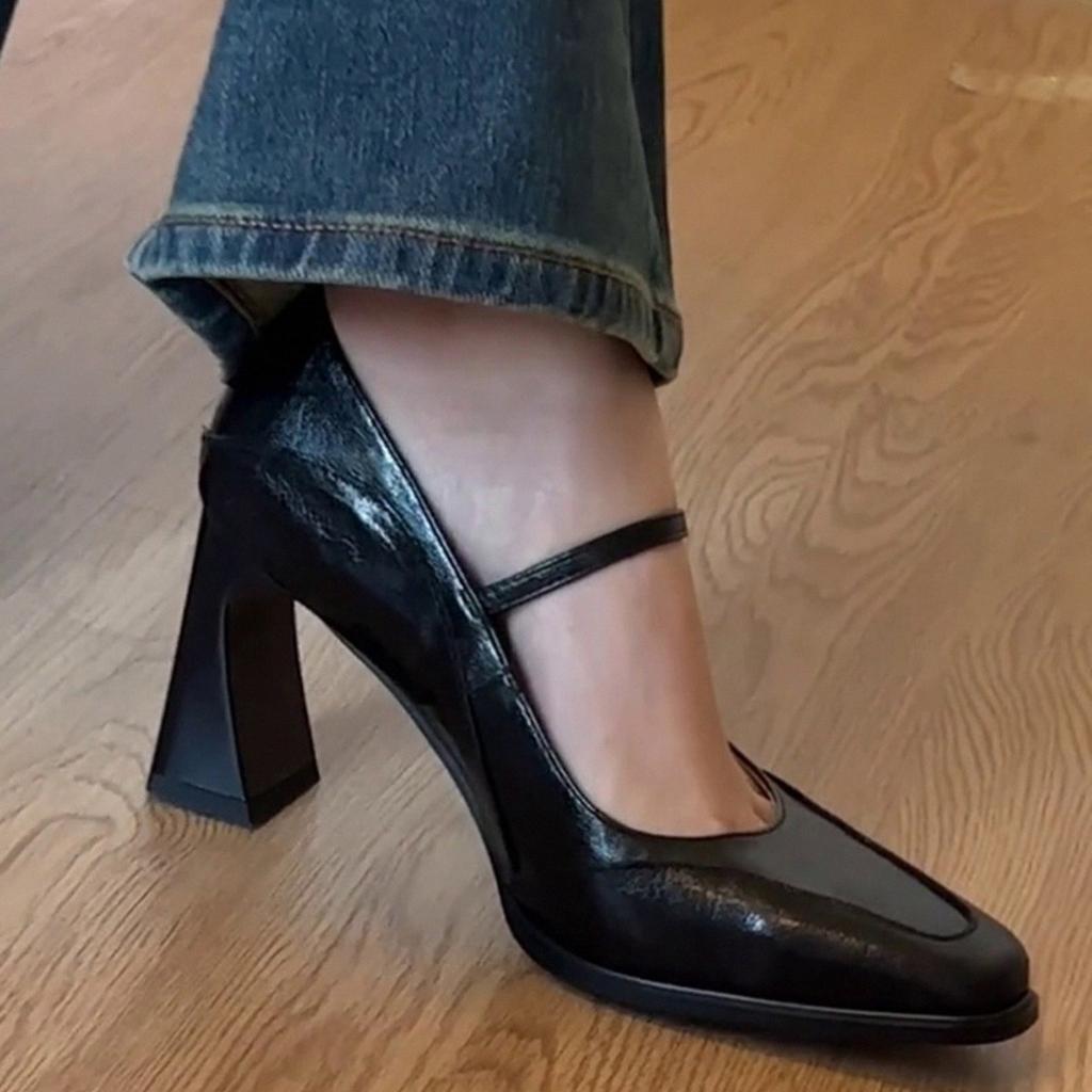 Sheepskin model~ leather French single shoes women's spring and autumn high heels femininity advanced not tired feet thick heel Mary Jane shoes