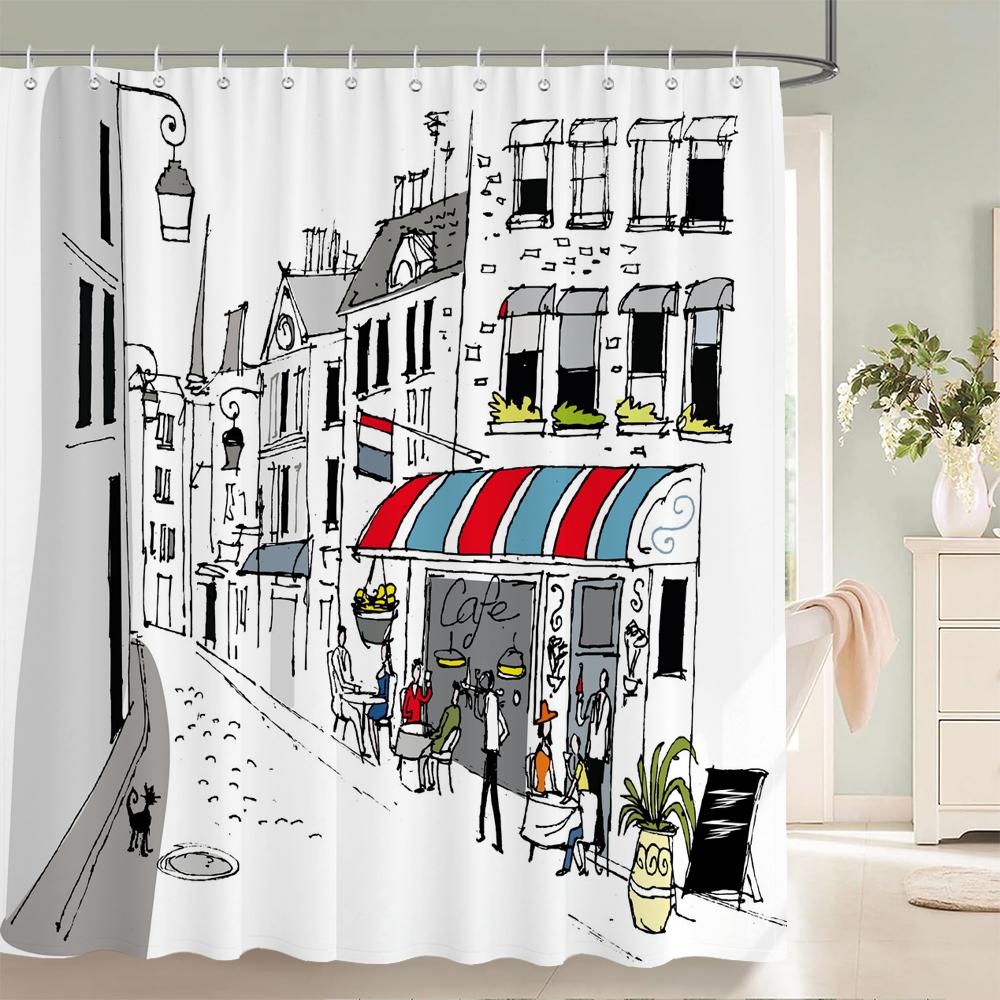 

1 Pc Minimalist Style Art Woman Street View Printing Shower Curtains Bathroom Polyester Bath Curtains Decor Curtain With Hooks W60H190(CM)-1 Pcs