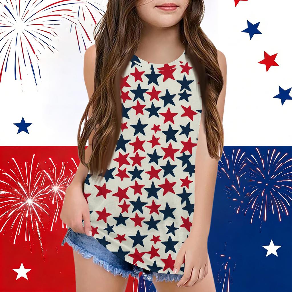 Girls  Kids Summer Crewneck Sleeveless Shirts Tank Tops Independence Day