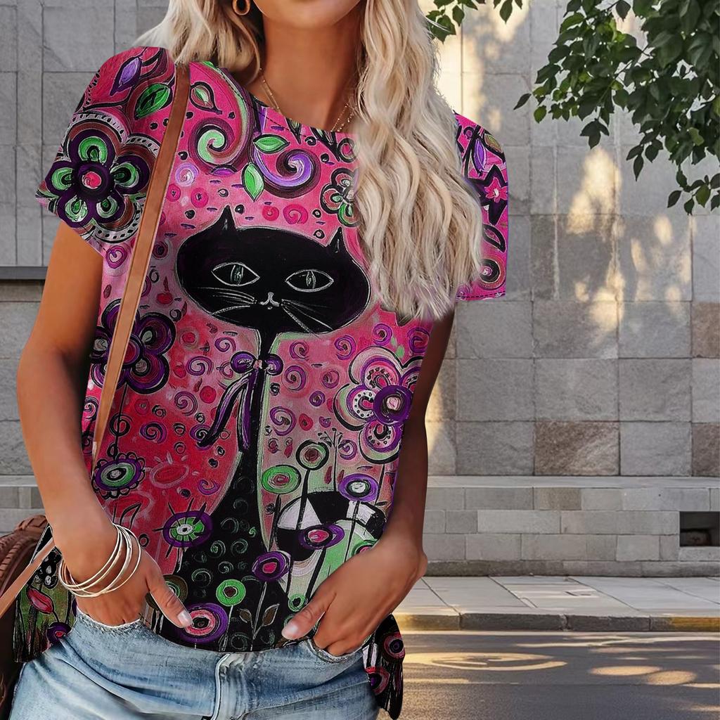 Women Summer T Shirt Kitty Print Retro Fashion Short Sleeve Tees Casual   Printed  Tops