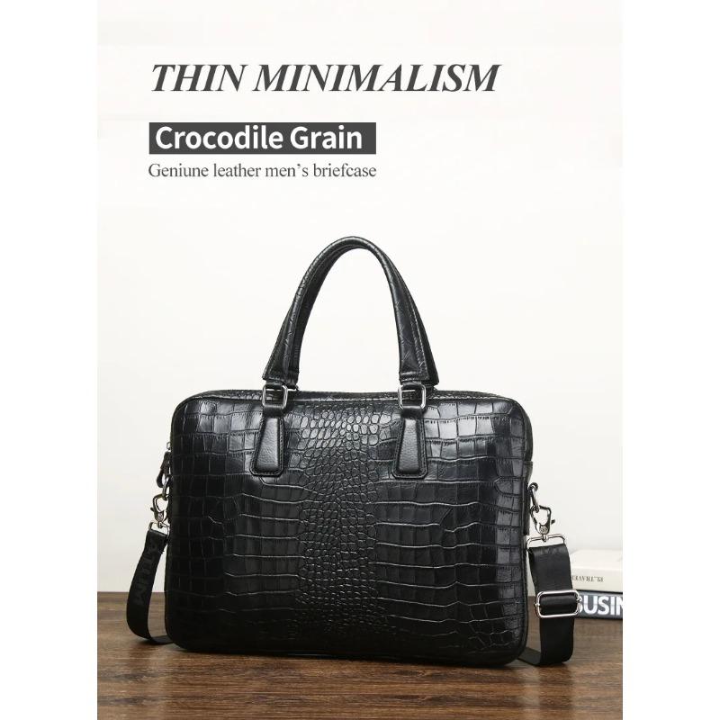 Cowhide thin crocodile patterned men's briefcase can accommodate a 16 inch computer
