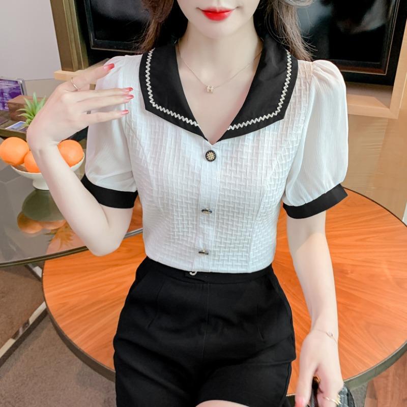 Top Casual Retro Slim Fit Stile Coreano da Donna Colore Unico Bottoni Manica Corta Camicia in Chiffon