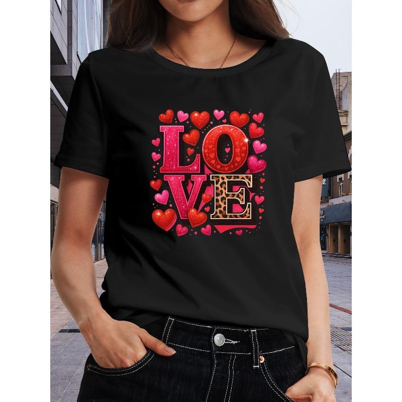 

European Size LOVE Heart-shaped Leopard Print Short-sleeved T-shirt | Soft and Breathable, Moderate Elasticity, Machine Washable 4XL чорний