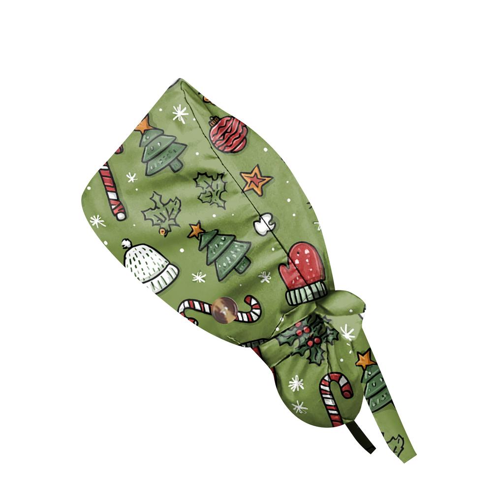 Christmas Cartoon Printed Medical Surgical Ponytail Cap Nurse Hair Care Baotou Scrub Cap Beauty Salon Nursing Hats for Men Women