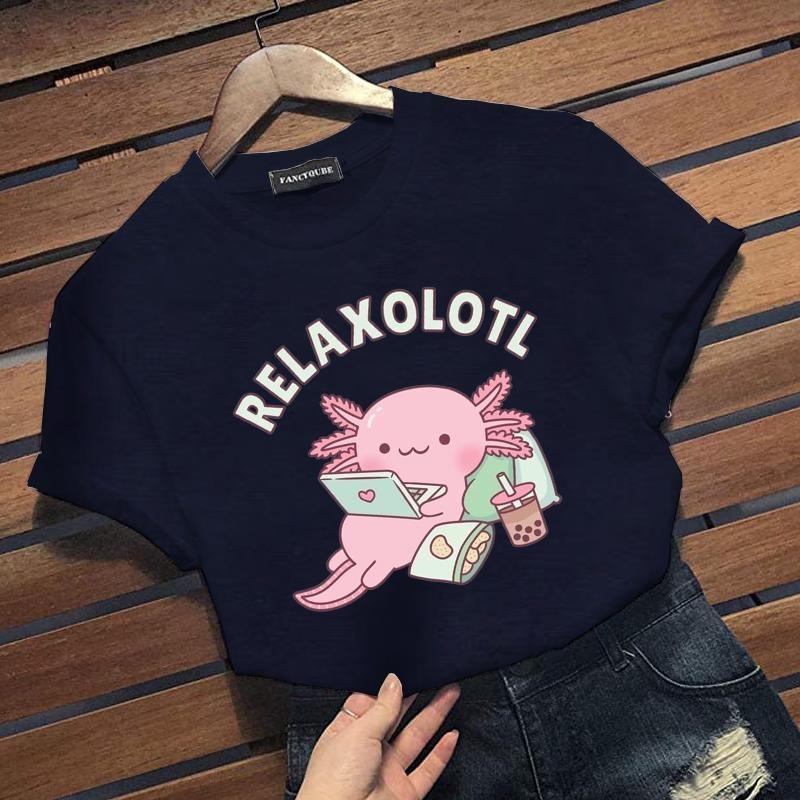 New Personalized Creative Axolotl Graphic Print T-shirt Cute RELAXOLOTL Harajuku Casual Loose Short-sleeved Shirt