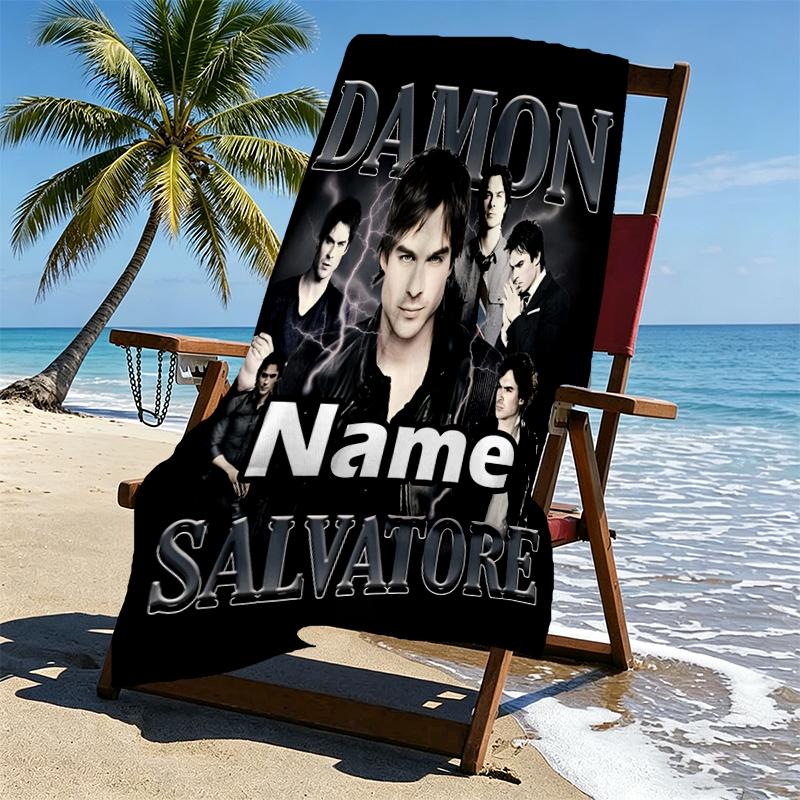 Custom Name Personalized Damon Salvatore Print Beach Towel, for Trip Camping Beach Party Home Decor, Birthday Gift for Family & Friends