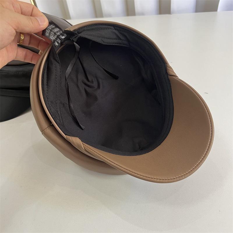New Retro PU Leather Octagonal Hat Children's Spring and Autumn Literary Temperament Versatile Flat Top Face Small Navy Hat