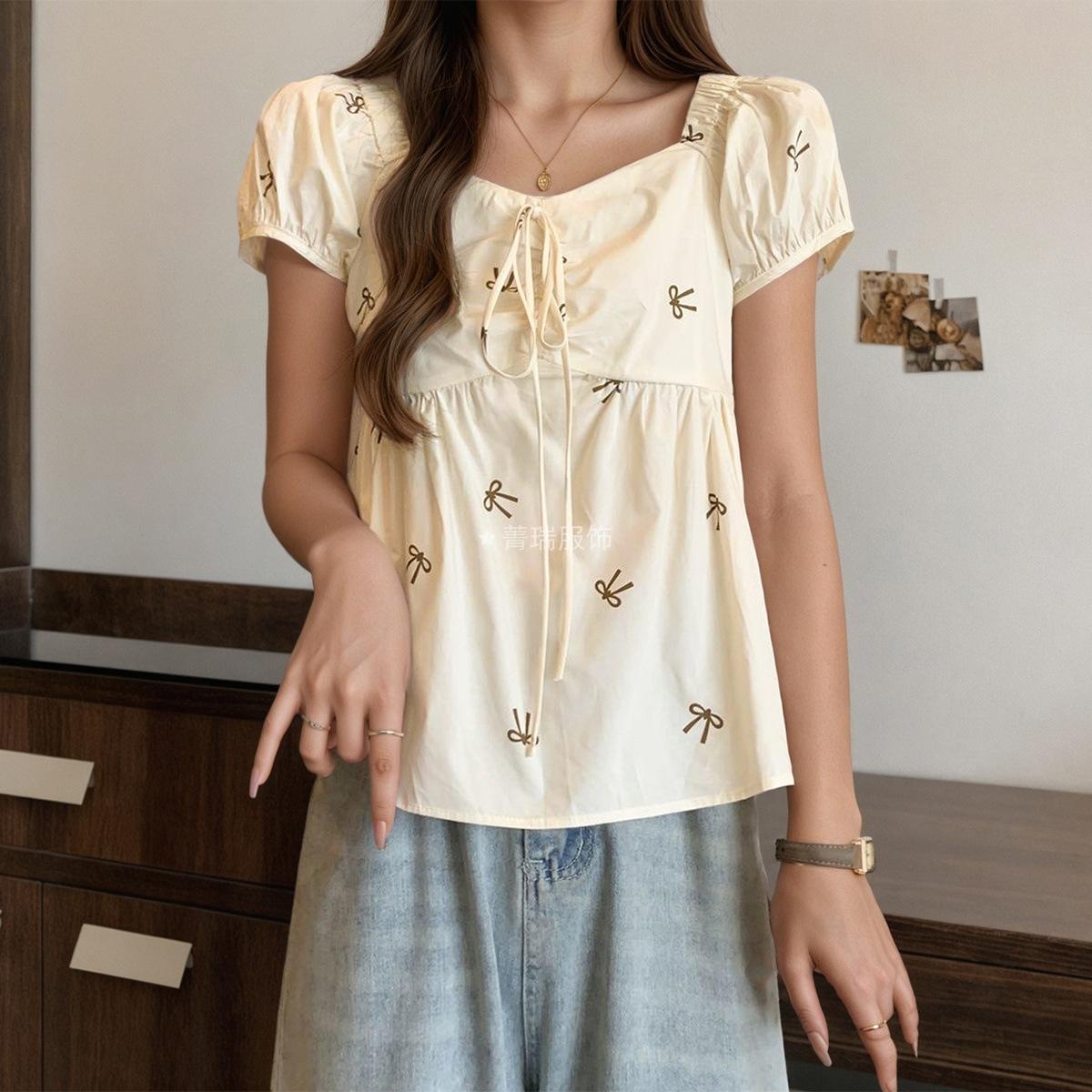 

Женская повседневная летняя рубашка с принтом банта, на шнуровке, с короткими рукавами-фонариками и короткими рукавами M абрикосовый