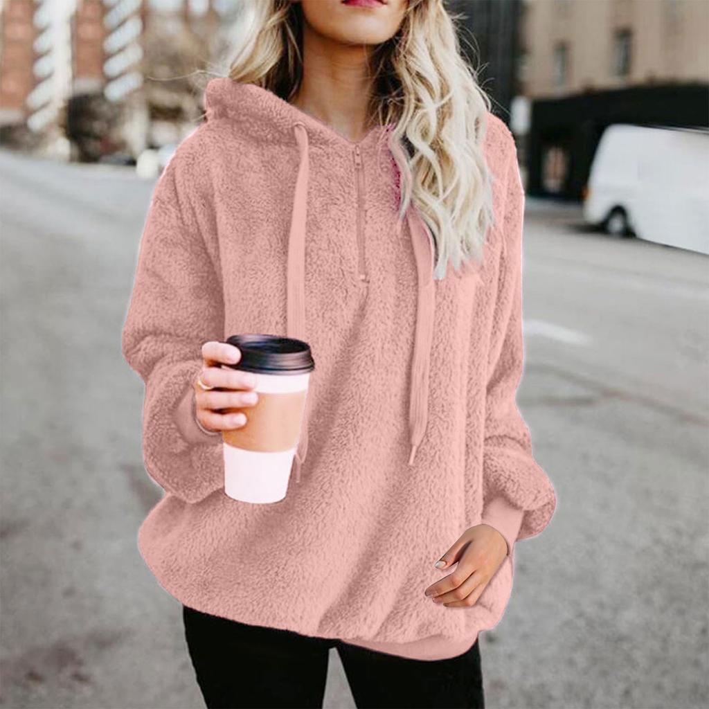 Women's Fashion Colour Hooded Long Sleeve Zip Plush Sweatshirt Top