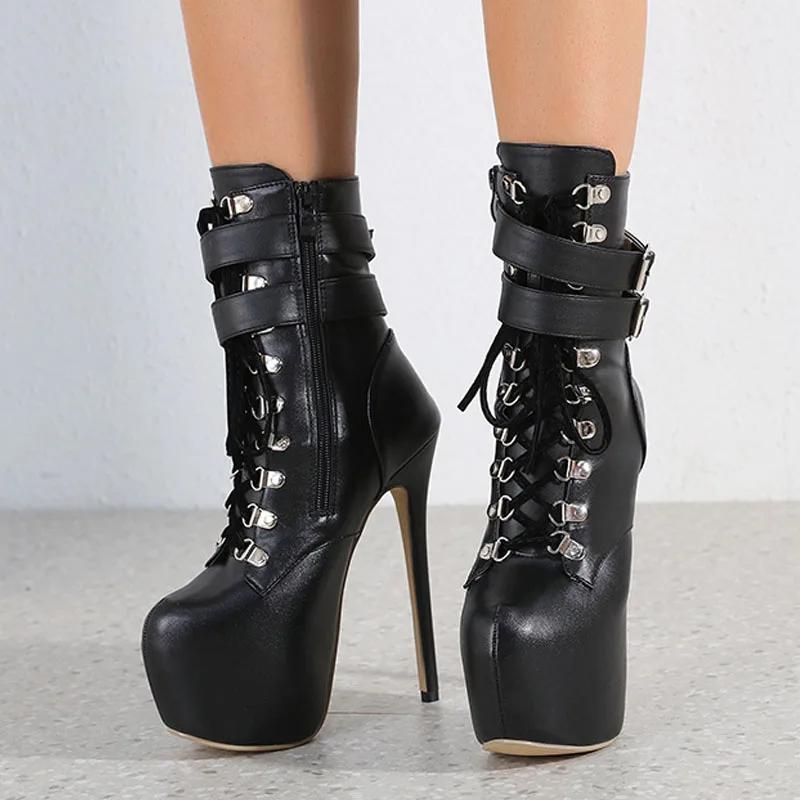 Sexy Buckle Strap  Extreme High Heels Platform Boots For Women Round Toe Cross Lace Up Party Club Stripper Shoes