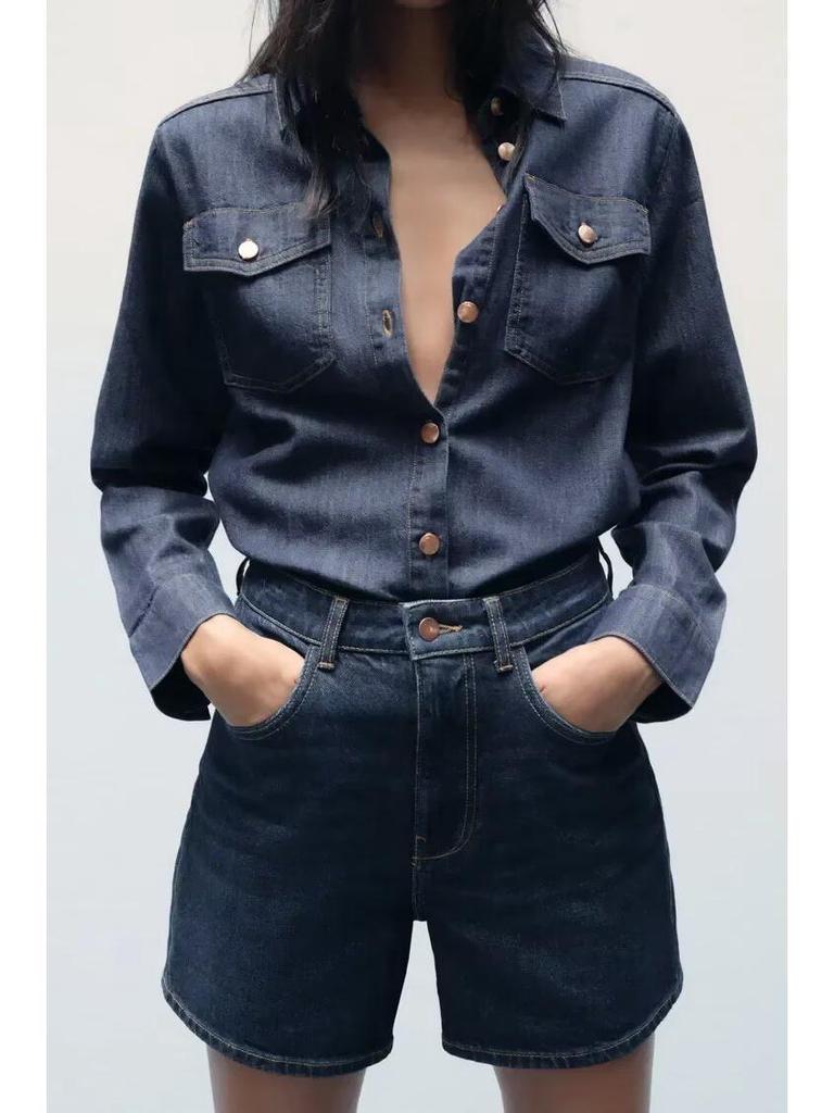 2024 Herbst/Winter Damen Vielseitiges Weiches Langarm-Revers-Denimhemd - Europäischer & Amerikanischer Stil