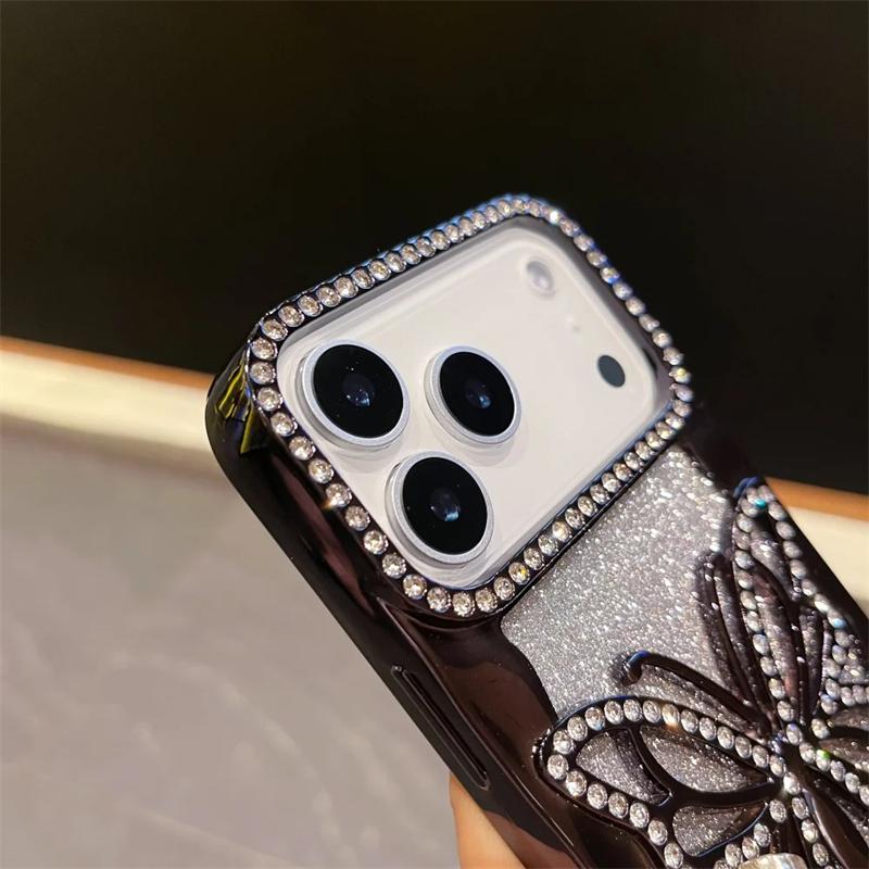 For iPhone 17 Pro Max Luxury Plating Frame Flash Diamond Butterfly Phone Case For iPhone 11 12 13 14 15 16 17 Protective Glitter  Cover