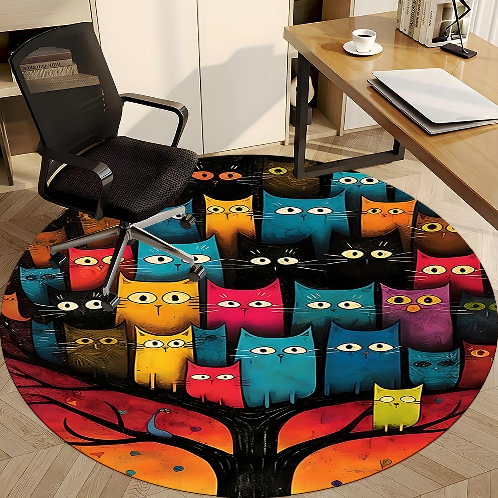 1pc Colorful Cats Office Round Area Rug, Indoor Mat Suitable ForOffice, Under Office Chairs Bedroom Living Room Home Decor, D125