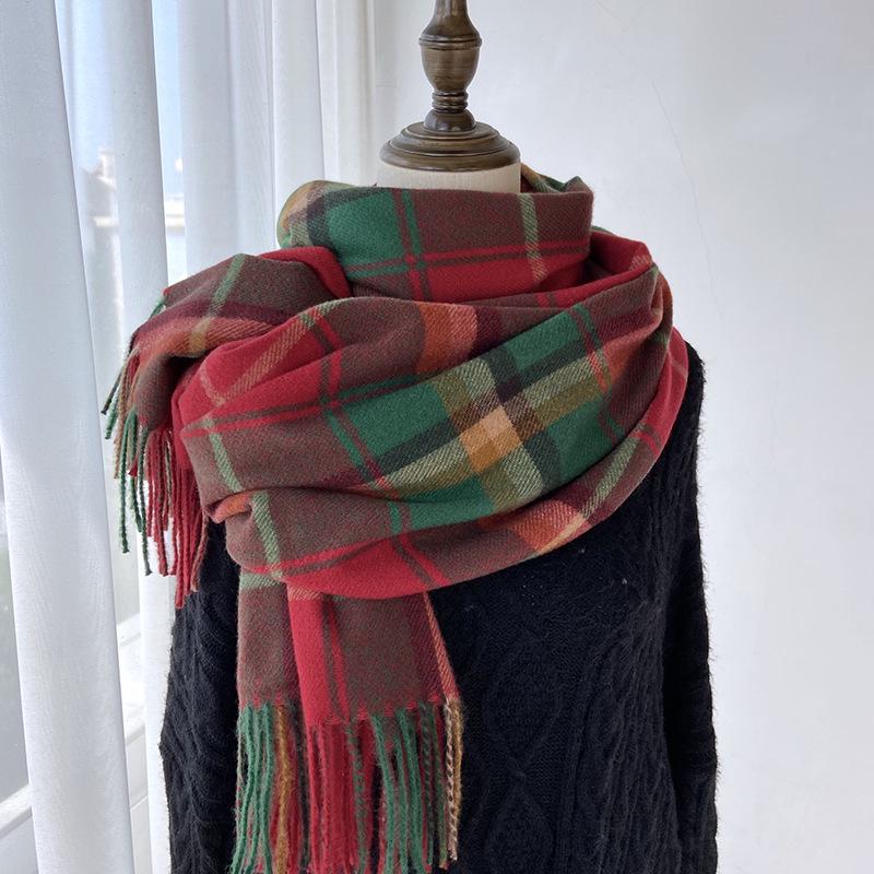 Korean-Style Plaid Scarf for Women, Autumn/Winter 2023; Versatile, Warm Tassel Shawl.