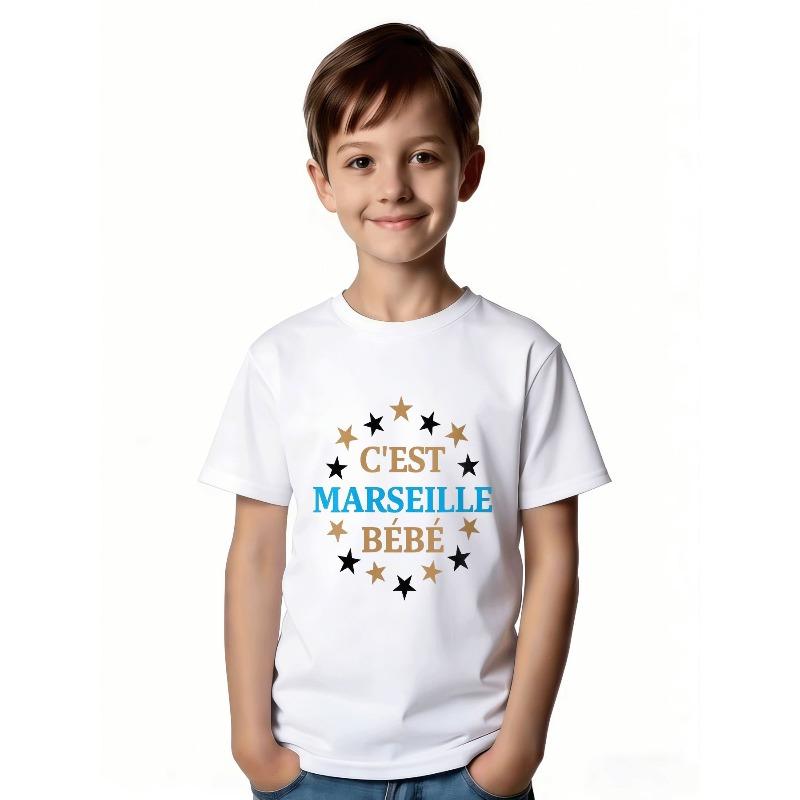 European Size Childrens Round-neck Short-sleeved T-shirt with Unique English Patterns C'EST MARSEILLE BEBE Kids