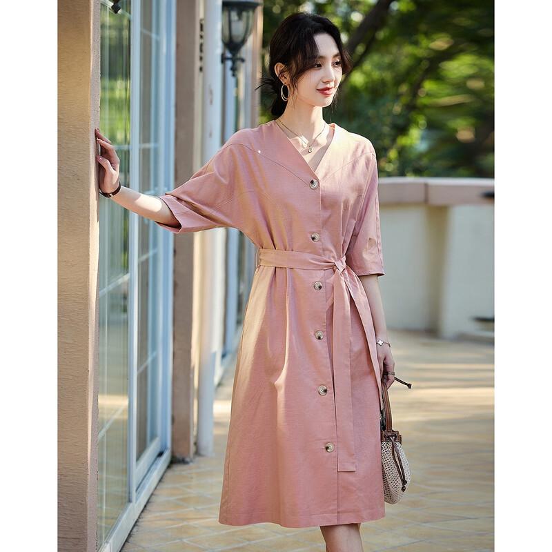 DeMana French Style Linen Blend Tie-Waist Midi Dress