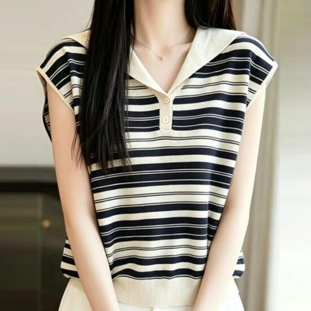 Navava Women Casual Daily STriped Collar Cap Sleeve KniT T shirT Nk3722
