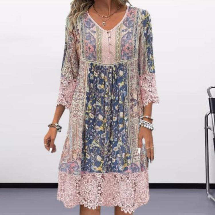Bohemian Vacation Dress Floral Print Lace Patchwork V Neck Three Quarter Sleeves Loose Knee Length Midi Dress Retro Hollow Out Buttons Women