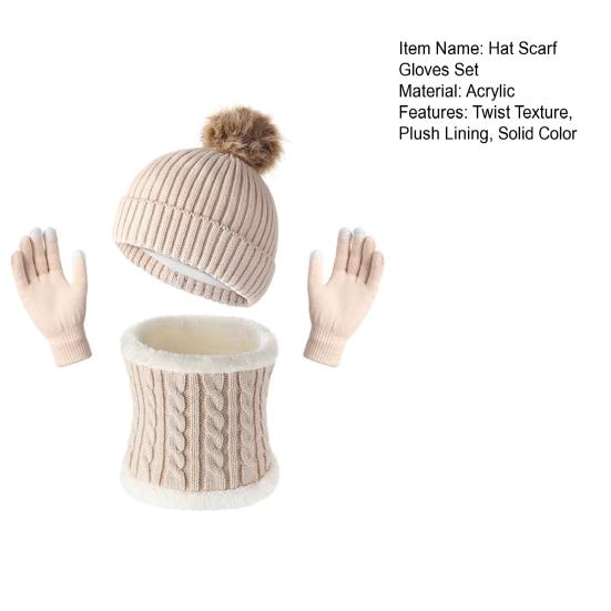 3Pcs/Set Winter Hat Scarf Gloves Set Solid Color Twist Texture Velvet Lining Winter Hat Neck Warmer Gloves Set Cold Weather Gear