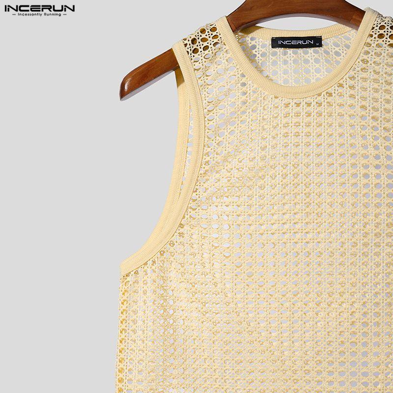INCERUN Summer Men Beach Sets Sleeveless Hollow Tops Elastic Waist Pants Two-piece Suits