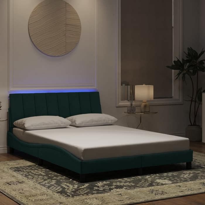 VidaXL Bed Frames with LED Lights, Upholstered Bed with Slat Base, Double Bed, Adult Bed, Modern, Dark Green 3213784