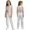 Kinder Mädchen Hip-Hop Jazz Tanzkostüm Ärmellos Rückenfrei Reißverschluss vorne Funkelnde Pailletten Kapuze Crop Top mit elastischem Bund Metallische Hose