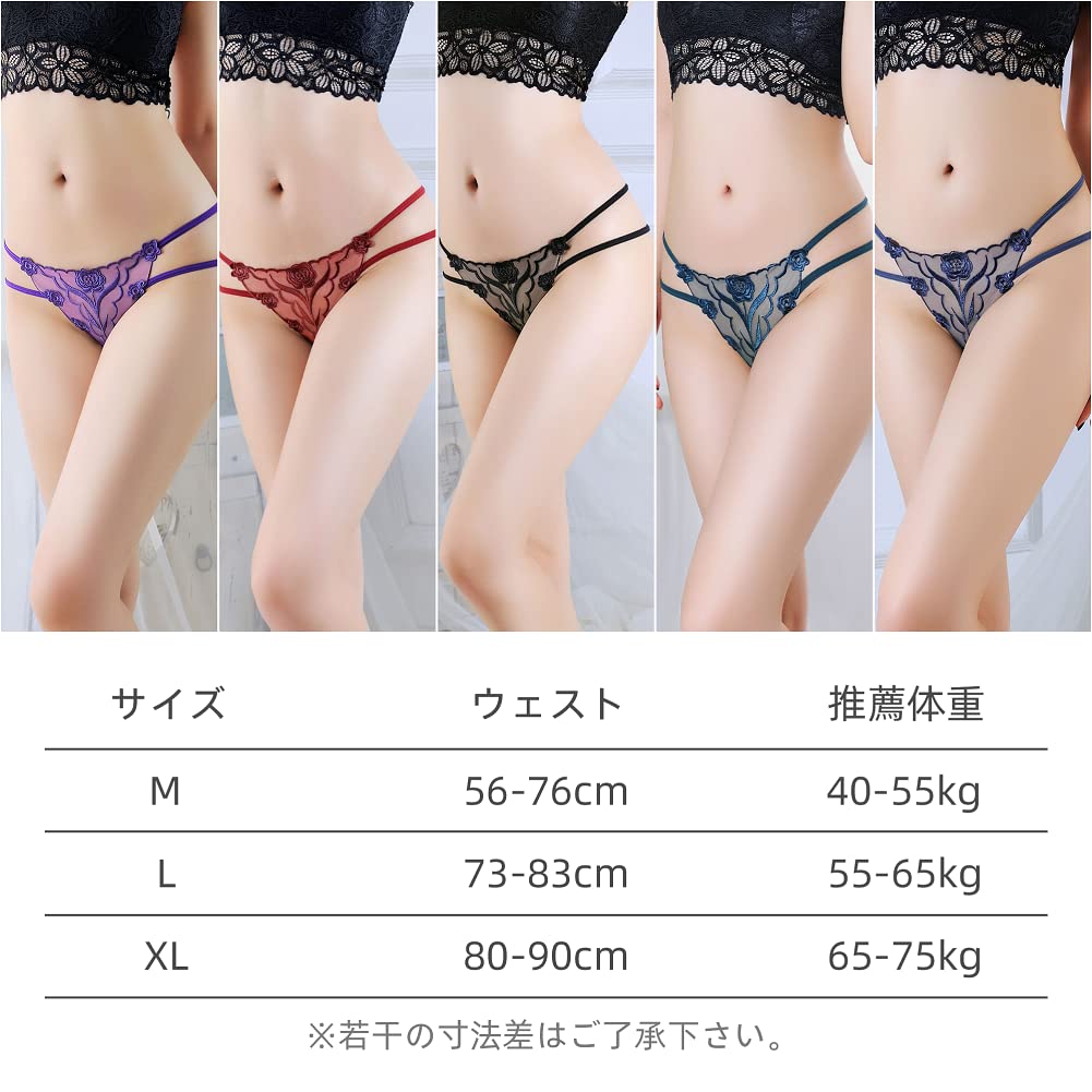 Lace Embroidered Sexy Lingerie Floral Sheer Tanga Strings Design Set of 5 Set of 5 [TUOTISI] Women's T-back (LL, Colors)
