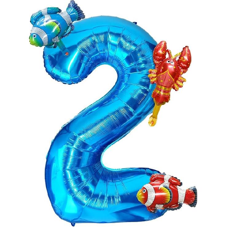 40 Inch Under the Sea Blue Number 1 Balloon, Mini Sea Animal Balloons Ocean Animal Foil Balloon, Fish Crawfish Balloons for Boys Girls Ocean Theme