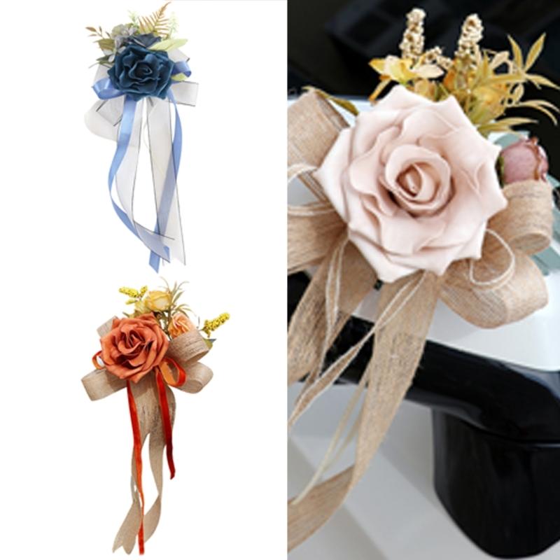 Set of 4 Luxurious Wedding Vehicle Embellishment Silk Flower Bouquets for Wedding Car Glasses and Handle Beautifications