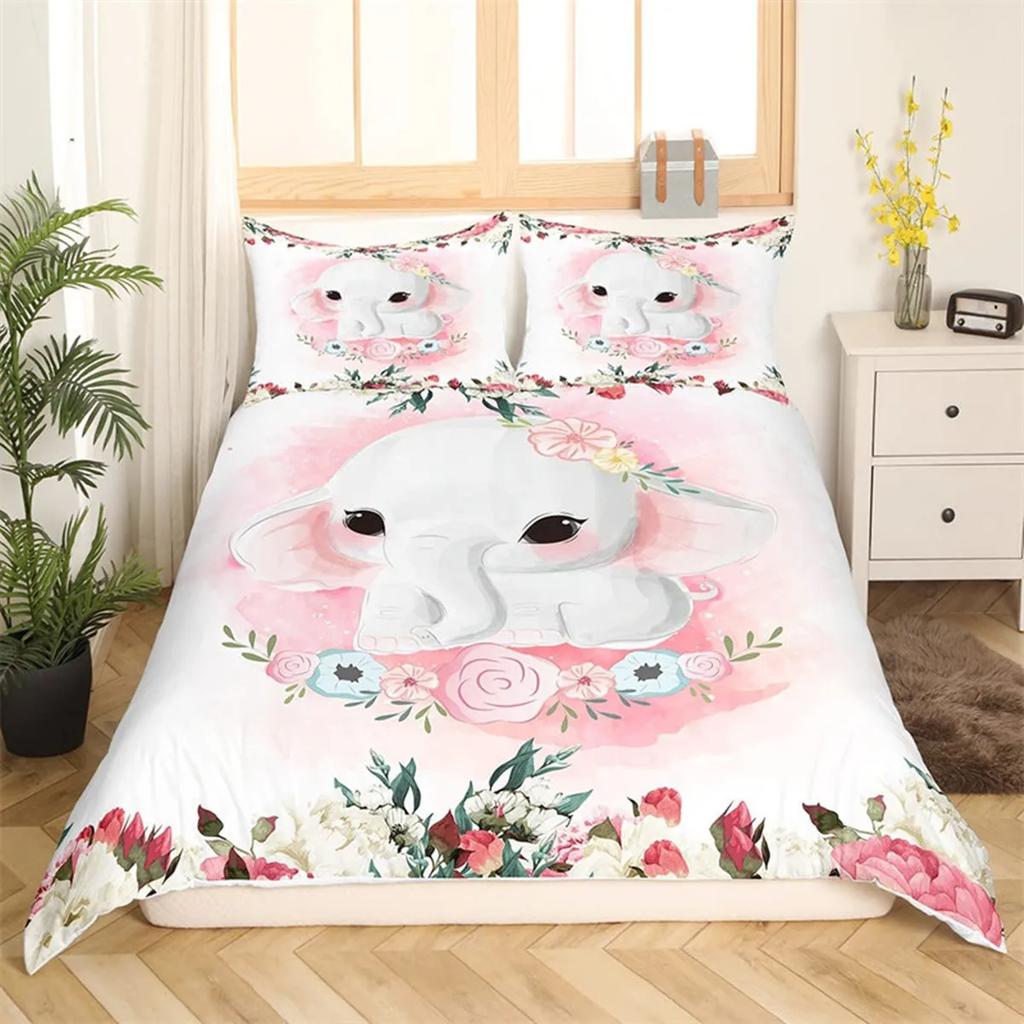 Boys Girls Kawaii Elephant Duvet Cover Cute Animals Quilt Cover Queen Size Soft Microfiber Cartoon Bedroom Decorations Children