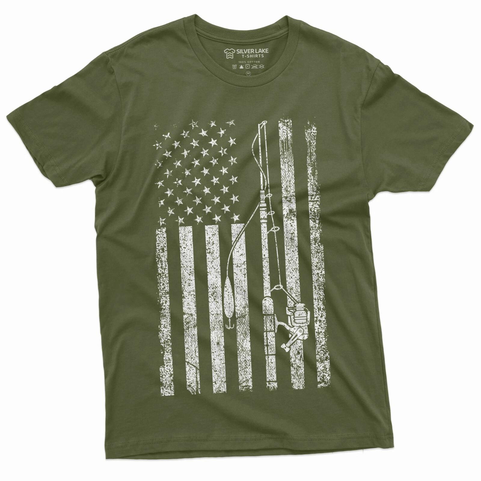 Mens USA American Fish Flag T Shirt Fishing Tshirt Military Green Fisherman Tee L