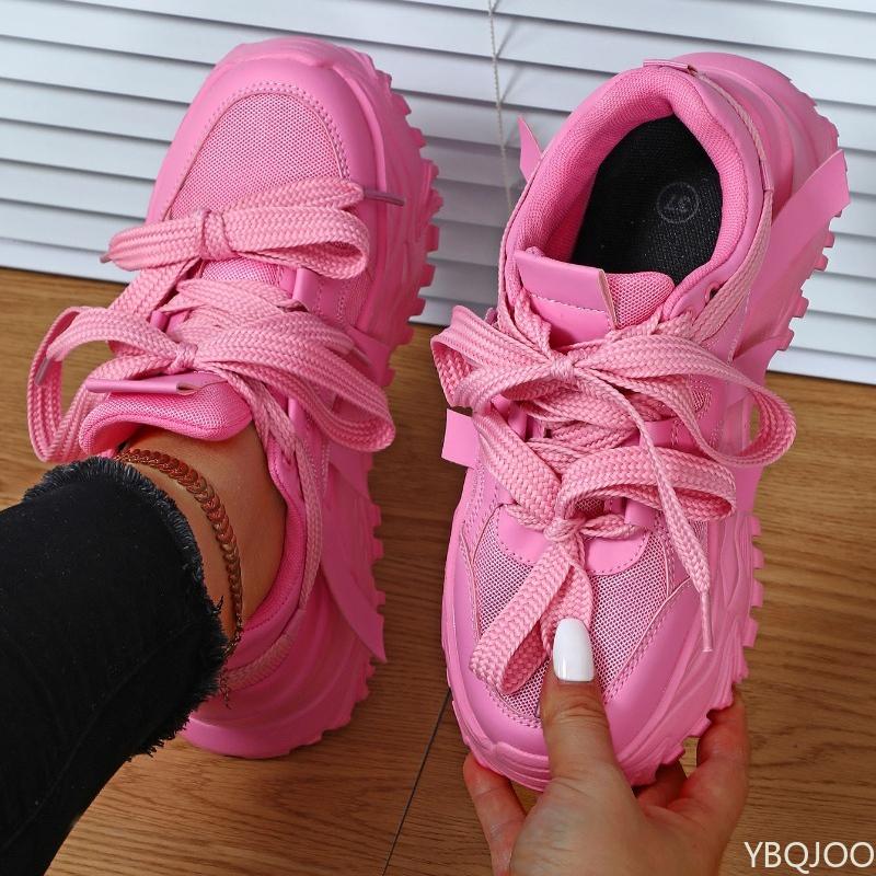 Ladies' Fashionable Yellow Height Increasing Thick Soled Sports Shoes Outdoor Lace Up Casual Plus Size Trendy Women's Shoes