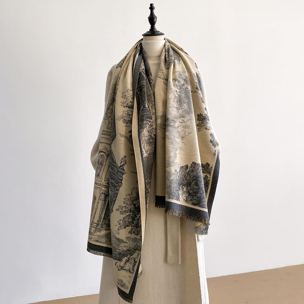 New Classical Architecture Style Cashmere Women Print Double-sided Scarf  Winter Warm Shawl Pashmina Female Outdoor Scarves