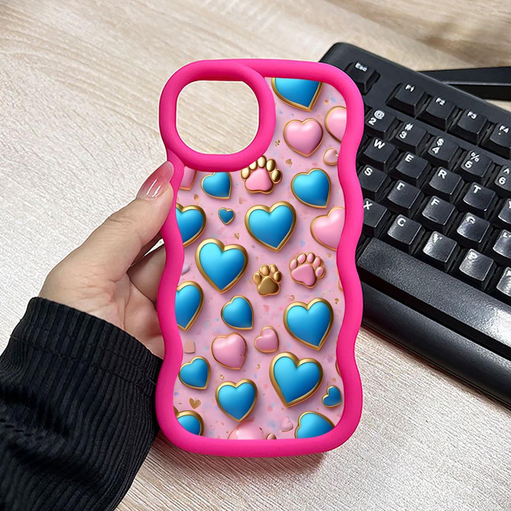 Y2K Glowing Hearts Wavy Edge TPU Mobile Phone Case for iPhone 17 16 15 14 13 12 11 Air Pro Max Plus Colorful Cover
