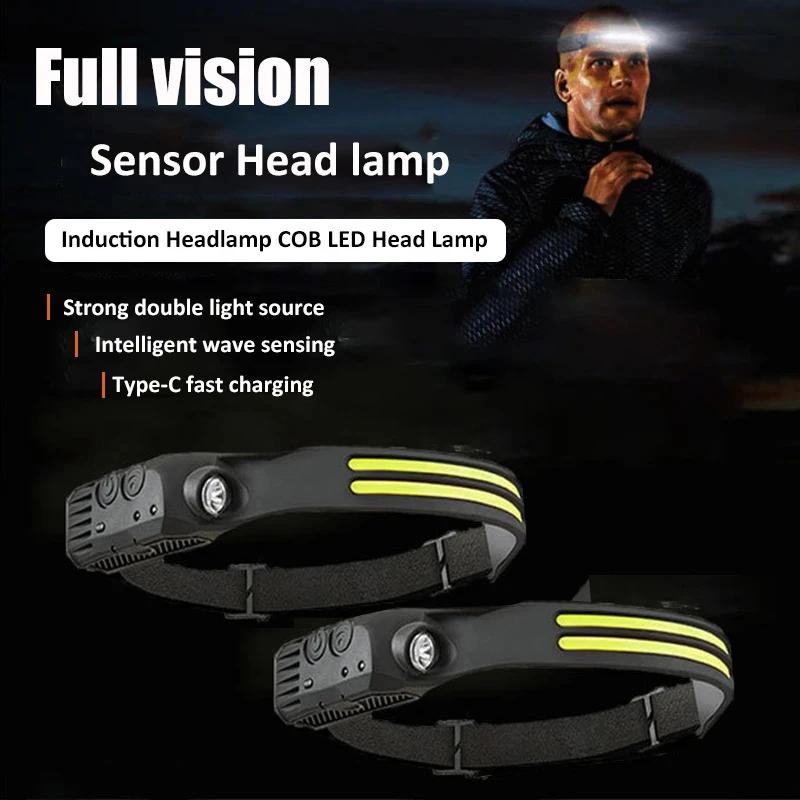 LED+COB Sensor Headlight 5 Lighting Modes Head Torch Rechargeable Built In 1200mAh Battery Head Lamp Waterproof Working Lantern