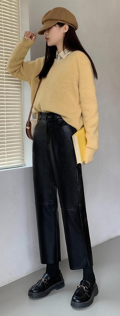 Syvent Length PU Leather Straight Elastic High Waterproof Faux Straight Casual Bottoms Women's 9/10 Pants, Waist, Leather, Leg,