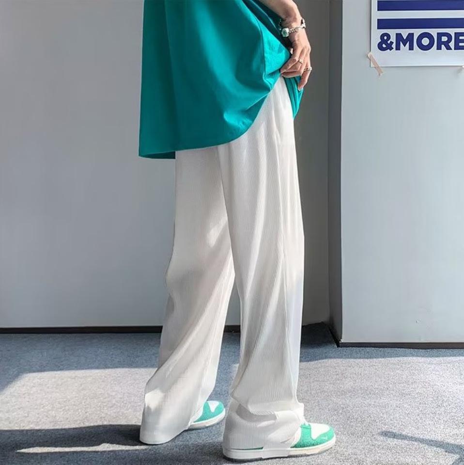 Men's Summer Striped Ice Silk Breathable Wide-Leg Elastic Straight Pants