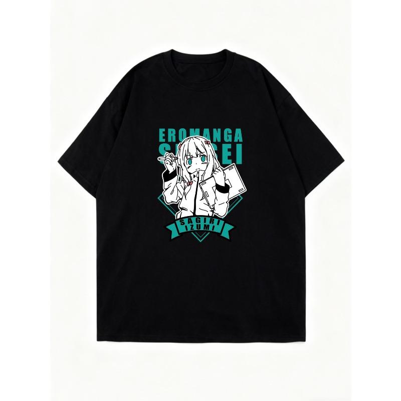 Übergroßes T-Shirt Schwarz Eromanga Sensei Anime-Charakter-Druck mit Text für Freizeitkleidung und Anime-Fans