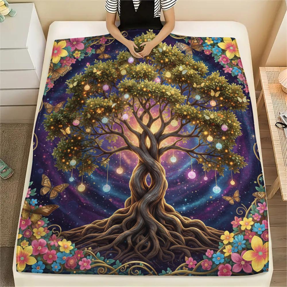 1PC Tree of Life Print Flannel Blanket, High quality All Seasons, Home Decor, Warmth and Comfort, Perfect for Christmas Gifts
