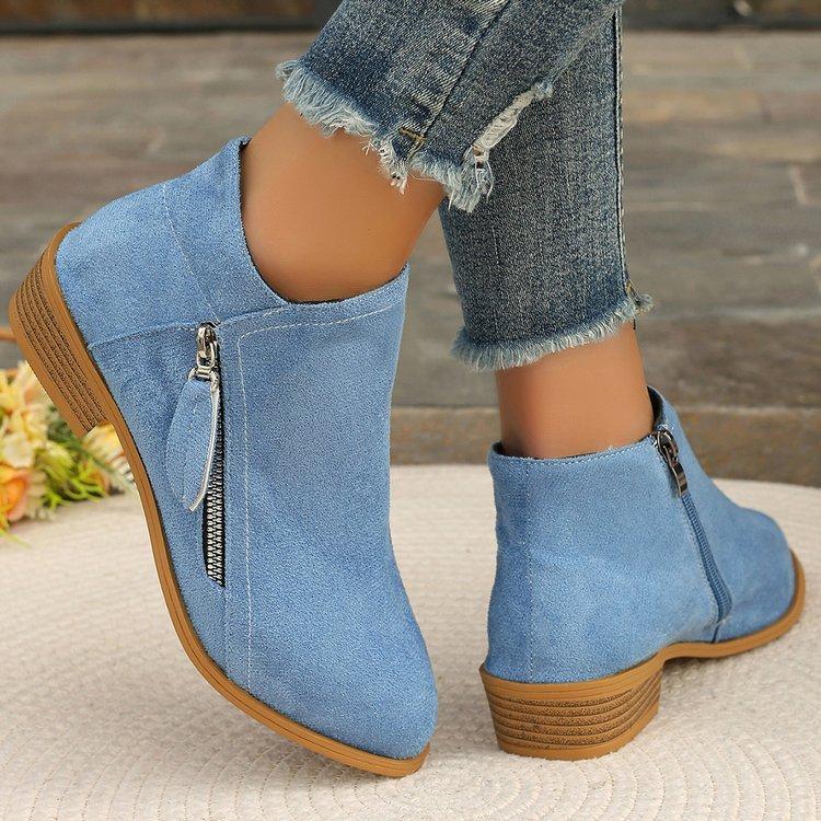 New Women's Wide Width Platform Martin Boots Solid Color Pointed Toe Side Zipper Ankle Boots Chunky Sole
