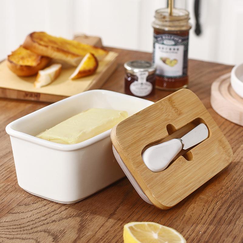 Ceramic Butter Box with Cover and Knife Butter Jar Butter Dish Creative Butter Storage Box Sealed Storage Box Food Storage Box