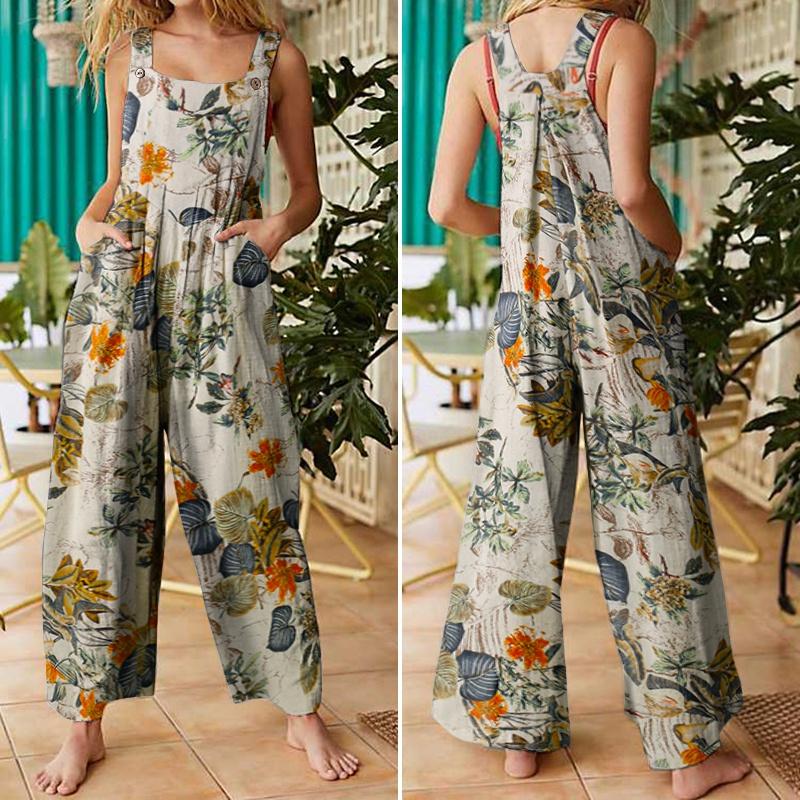 Women Sleeveless Floral Printed Jumpsuit Rompers Wide Leg Bib Pants Long Trousers Suspenders Overalls Pantalon Femme