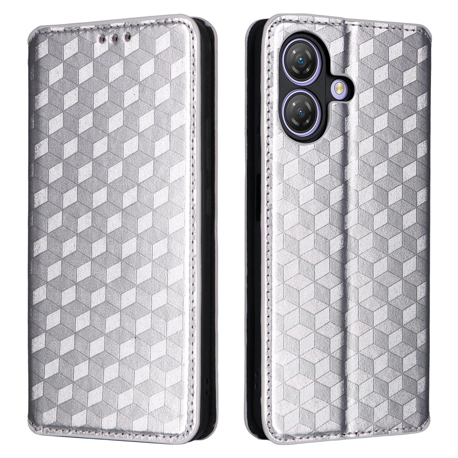 

For Ulefone Note 21 Case Wallet Rhombus Imprinted Leather Phone Cover Silver