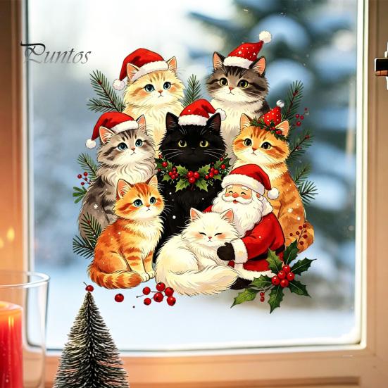 Winter Holiday Window Art Cat Christmas Static Cling Decal, Waterproof PVC Festive Sticker, Xmas Decor Easy Apply Decorative for Home Living
