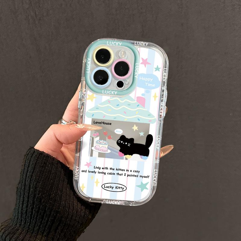 Cartoon Cake Black Cat for Apple17promax Phone Case for IPhone15plus Mirror Cream 14/13