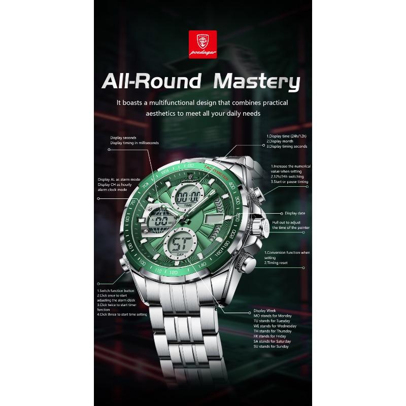POEDAGAR Clock Waterproof Electronic LED Luxury Watches Dual Time Display Digital Stainless Steel Quartz Watch