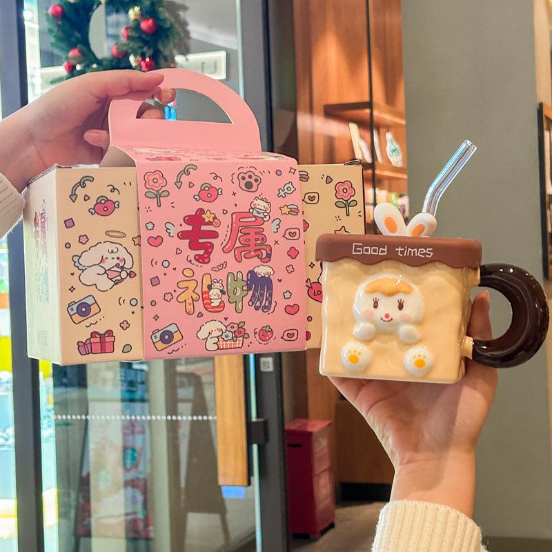 Girl's heart birthday gift cute three-dimensional rabbit ceramic mug with lid spoon girlfriend practical souvenir gift