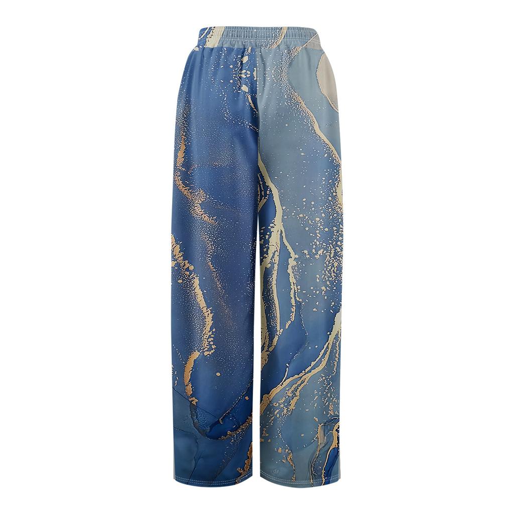 Women Summer Boho Palazzo Pants High Waist Wide Leg Floral Printing Casual Trousers With Pockets